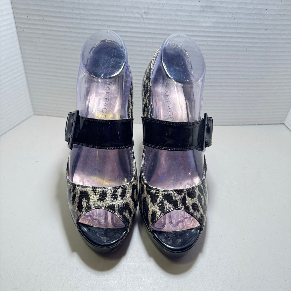RAMPAGE High Heels open toed Black with silver leopard print SZ 8.5